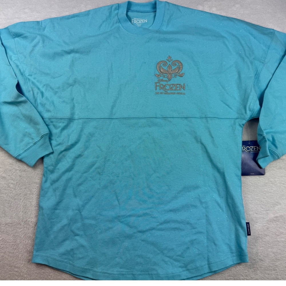 Disney Frozen Broadway Musical Spirit Jersey Aqua Blue Let It Go Glitter XS